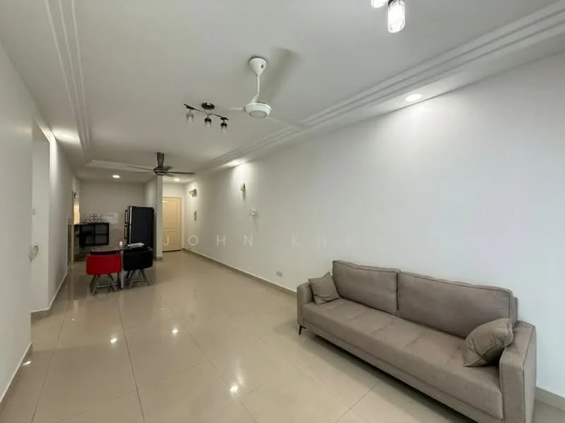 Living features: 3-seater fabric sofa in beige, ceiling fan with light, recessed downlights, white painted walls, glossy tile flooring, open layout, wall-mounted TV, dining table with red chairs, kitchen area visible in background; style: modern.
