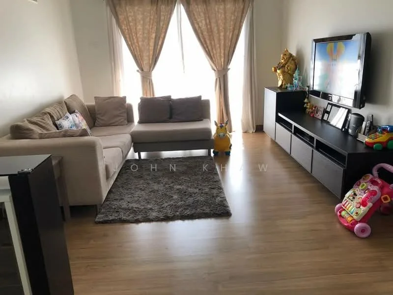 Living features: 3-seater fabric sofa in beige, coffee table, TV console, wall-mounted TV, area rug with geometric pattern, wooden flooring, floor-to-ceiling windows, sheer curtains, decorative items on TV console, toys on the floor; style: modern.