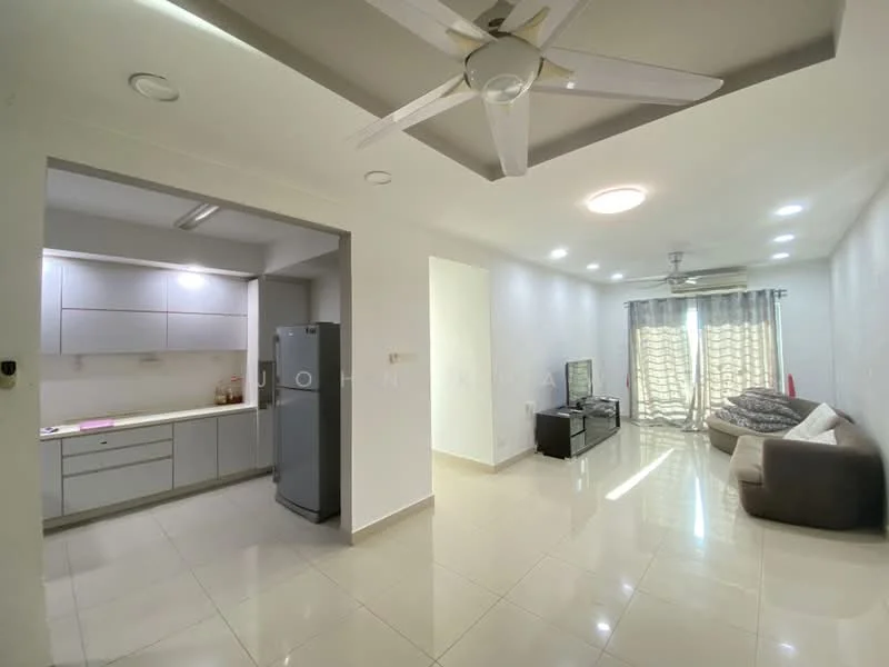 Living features: cream painted walls, polished ceramic tile flooring, 5-blade ceiling fan with light, sofa in brown fabric, coffee table, TV console, wall-mounted TV, curtains with geometric pattern, recessed downlights; style: modern. Kitchen features: white cabinetry, grey countertop, stainless-steel fridge, built-in oven, ceramic tile flooring, recessed downlights; style: modern.