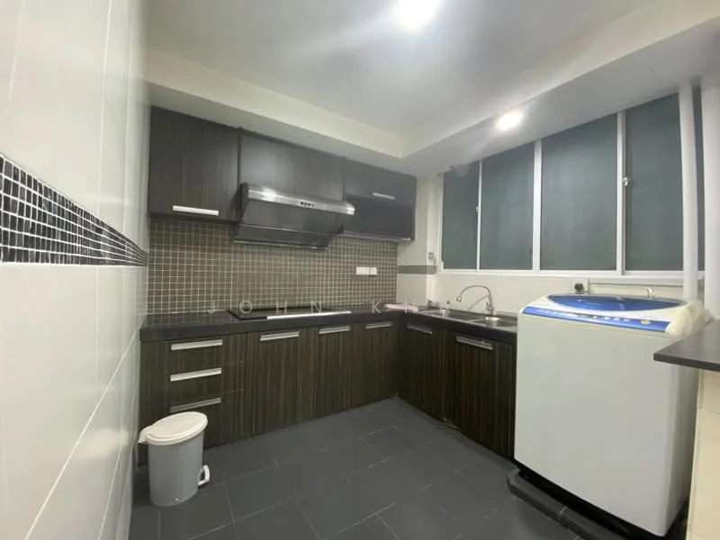 Kitchen features: dark wood cabinetry, black countertop, stainless-steel range hood, built-in oven, 4-burner gas hob, single-bowl stainless-steel sink, chrome pull-down faucet, black and white mosaic tile backsplash, grey tile flooring, window with multiple panes, washing machine, white trash bin; style: modern.