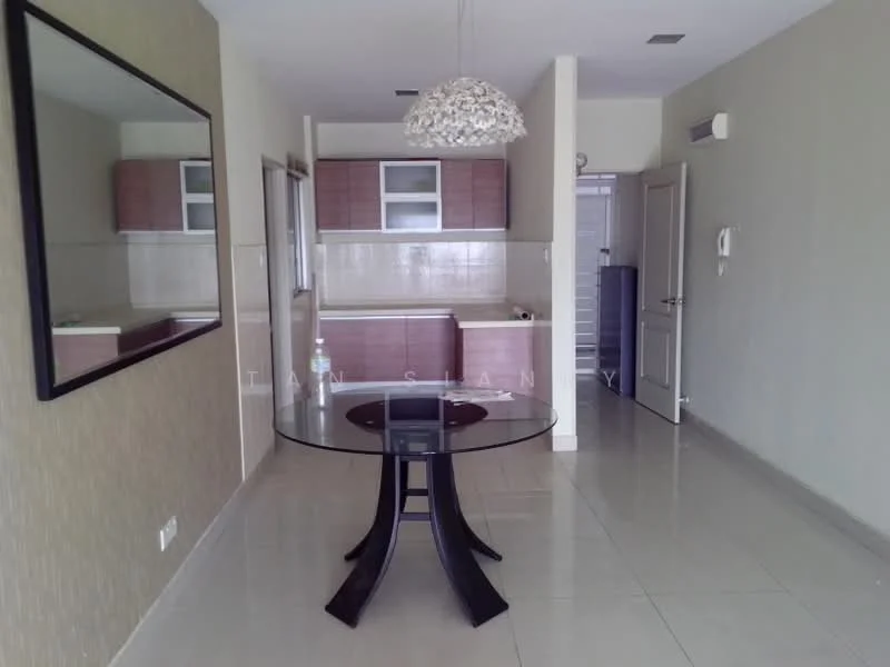 Dining features: round glass dining table, 4 black upholstered dining chairs, pendant light fixture, cream painted walls, white tiled flooring, mirror on wall, open kitchen layout, kitchen cabinetry visible in background; style: modern. Kitchen features: wooden cabinetry, white backsplash, kitchen countertop, built-in kitchen appliances visible; style: modern.
