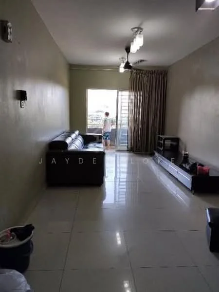Living features: cream painted walls, glossy tile flooring, 5-blade ceiling fan with light, floor-to-ceiling window, sliding glass door, curtains, sofa in black leather, TV console, decorative items on console, area rug; style: modern; view: city.