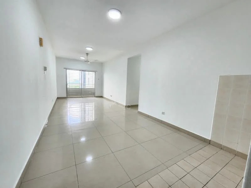 Living features: white painted walls, glossy ceramic tile flooring, 5-blade ceiling fan with light, floor-to-ceiling windows, sliding glass door, natural light from windows, neutral color scheme, open layout; style: modern; view: garden.