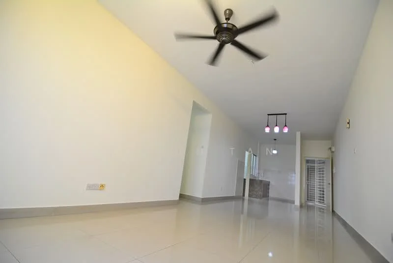Living features: white painted walls, polished ceramic tile flooring, 5-blade ceiling fan, recessed downlights, hanging pendant lights with pink shades, open layout, large windows, doorway leading to another room; style: modern.