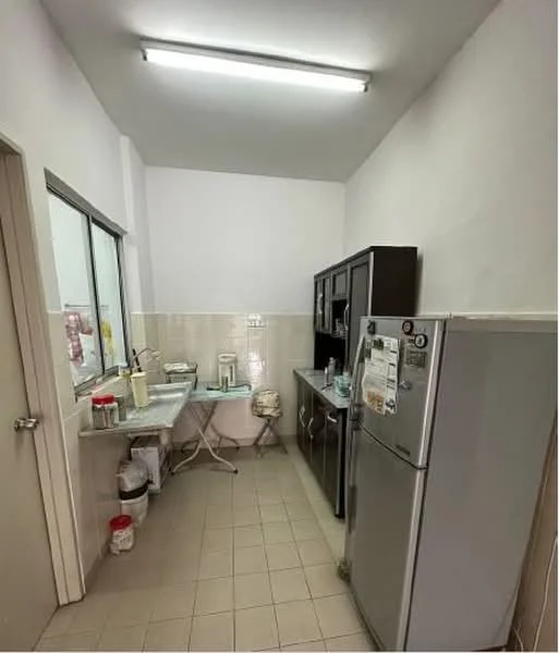 Kitchen features: white painted walls, tile flooring, fluorescent ceiling lights, stainless-steel fridge, black cabinetry, kitchen countertop, sink with faucet, folding table, stool, window, kitchen appliances, storage containers; style: modern.