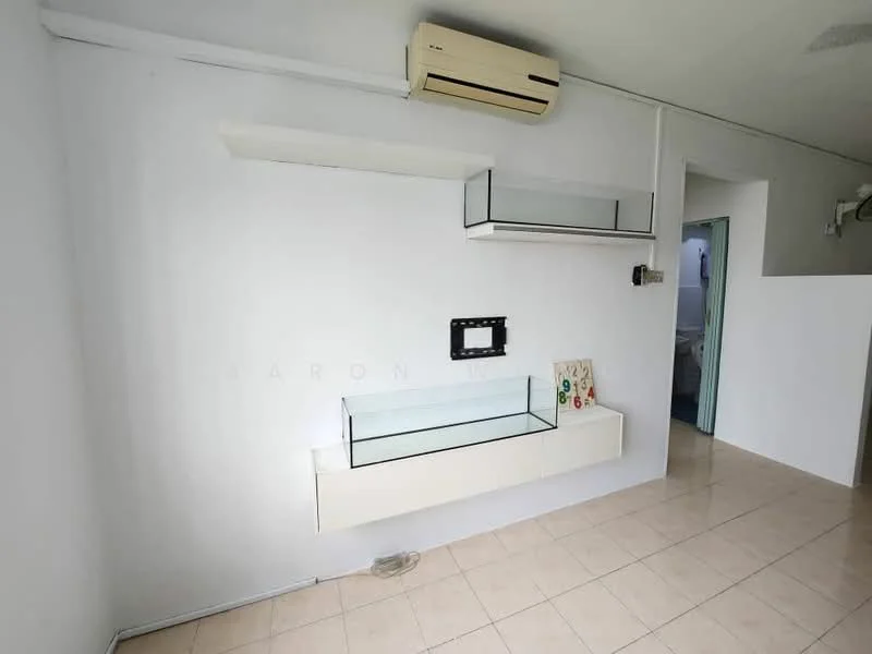 Room features: white painted walls, tile flooring, wall-mounted air conditioning unit, shelf unit with glass display, wall-mounted TV console, doorway leading to another room; style: modern.