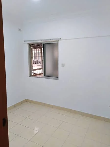 Room features: white painted walls, tile flooring, window with metal grille, roller blinds, light fixture on ceiling.