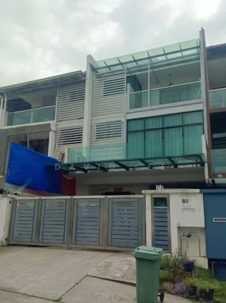 Exterior type: linked terrace house; features: glass curtain wall, blue and white facade, recessed balconies, metal railing, sliding glass doors, garage with metal gate, paved driveway, green waste bin, front garden area; style: modern.