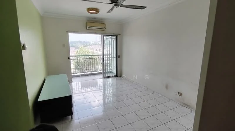 Living features: white painted walls, cream ceiling, 5-blade ceiling fan, sliding glass door, floor-to-ceiling windows, white tiled flooring, balcony view, air conditioning unit, TV console, green accent wall; style: modern; view: city.