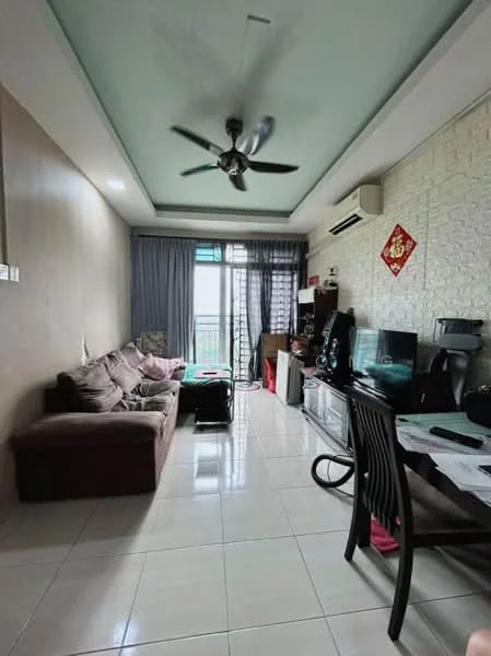 Living features: 3-seater fabric sofa in brown, ceiling fan with light, wall-mounted TV, TV console, glass coffee table, white tiled flooring, light grey painted walls, large window with sheer curtains, decorative wall with stone cladding, air conditioning unit, dining table with chairs; style: modern; view: city.