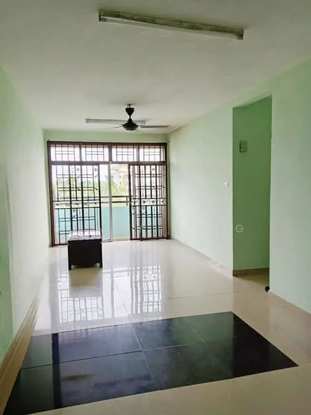 Living features: light green painted walls, white ceiling, 5-blade ceiling fan, large sliding glass door, floor-to-ceiling windows, black and white tiled flooring, natural light from windows, balcony access, open layout; style: modern; view: city.
