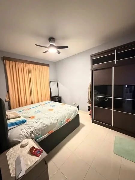 Bedroom features: queen-size bed with patterned bedding, 2 bedside tables, wall-mounted mirror, built-in wardrobe with sliding doors, ceiling fan with light, curtains, tile flooring, decorative wall, light-colored walls; style: modern.