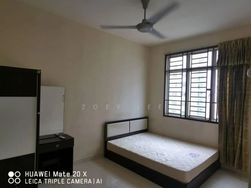 Bedroom features: single bed frame, mattress, ceiling fan, floor-to-ceiling windows, curtains, light-colored walls, tiled flooring, wardrobe with mirror, decorative wall panel, natural light.