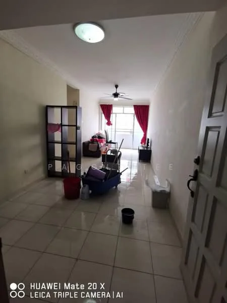 Living features: white painted walls, glossy tile flooring, ceiling fan, recessed ceiling light, large window with natural light, red curtains, glass room divider, cleaning supplies visible.