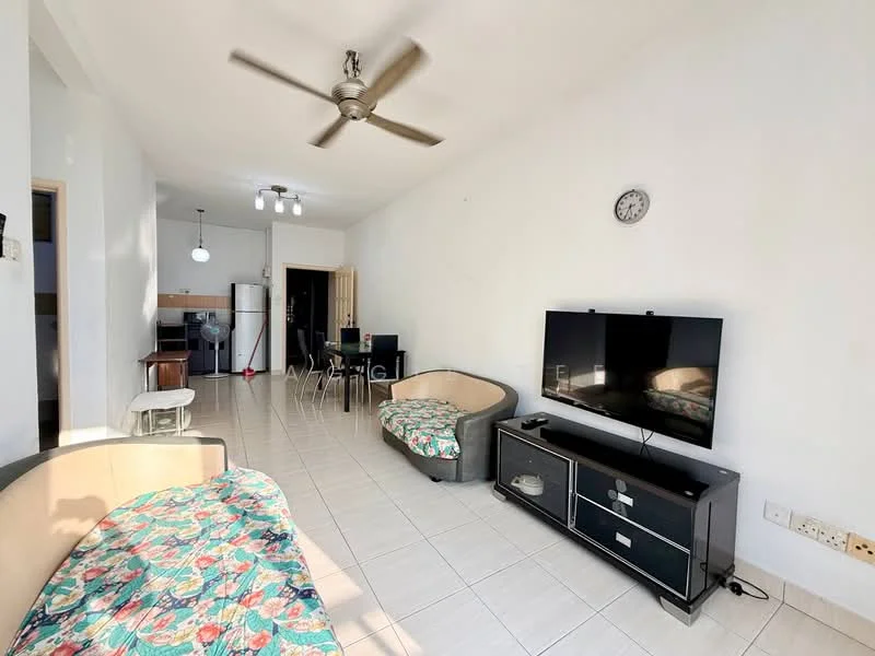 Living features: 3-seater fabric sofa with floral pattern, 2-seater fabric sofa with floral pattern, wall-mounted TV, TV console with drawers, ceiling fan, white painted walls, tile flooring, clock on wall, large window for natural light, dining table with 4 chairs, refrigerator in background, kitchen area visible; style: modern.