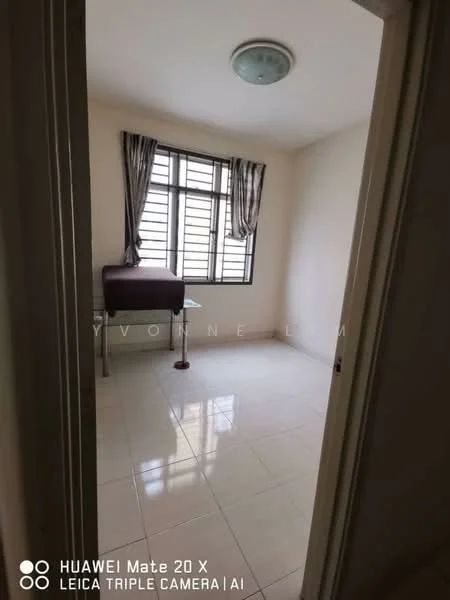 Room features: white painted walls, glossy tile flooring, floor-to-ceiling windows, sheer curtains, ceiling light fixture, single table, one chair.