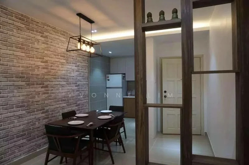 Dining features: wooden dining table, 4 dining chairs, exposed brick accent wall, recessed downlights, pendant light fixture, cream painted walls, tile flooring, open layout to kitchen, glass partition, door to hallway; style: modern. Kitchen features: stainless-steel fridge, built-in cabinets, countertop, kitchen appliances visible; style: modern.