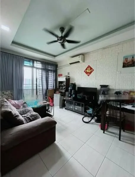 Living features: 3-seater fabric sofa in grey, ceiling fan with light, wall-mounted TV, TV console, coffee table, dining table, floor-to-ceiling windows, curtains, air conditioning unit, decorative wall with exposed brick, tile flooring, area rug; style: modern; view: city.