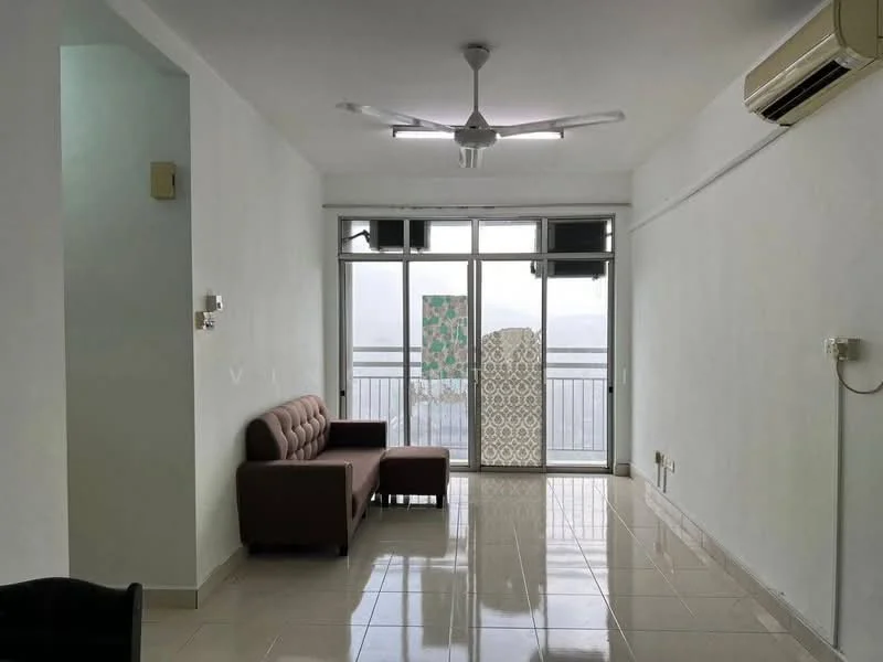 Living features: 3-seater brown leather sofa, floor-to-ceiling windows, sliding glass door, white painted walls, glossy tile flooring, ceiling fan, wall-mounted split AC, decorative privacy screen, balcony view, light switch, power outlet; style: modern; view: city.