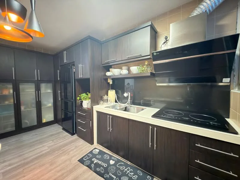 Kitchen features: dark wood cabinetry, white countertop, stainless-steel sink, chrome pull-down faucet, built-in induction cooktop, black glass backsplash, refrigerator with glass door, pendant lighting, kitchen rug with coffee design, open shelving, wall-mounted exhaust hood, laminate flooring; style: modern.