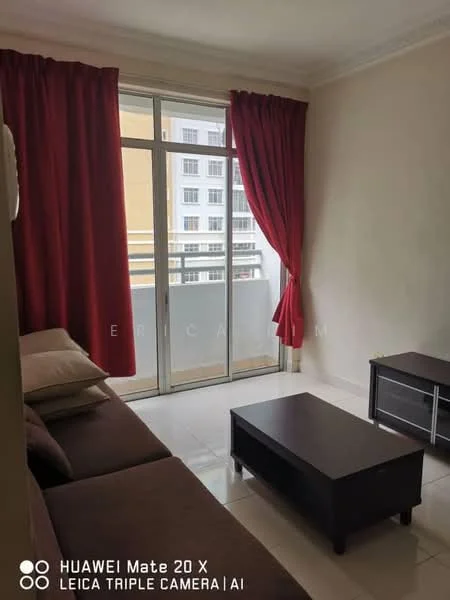 Living features: brown fabric sofa, coffee table, floor-to-ceiling windows, red curtains, white walls, tile flooring, balcony door, TV console.