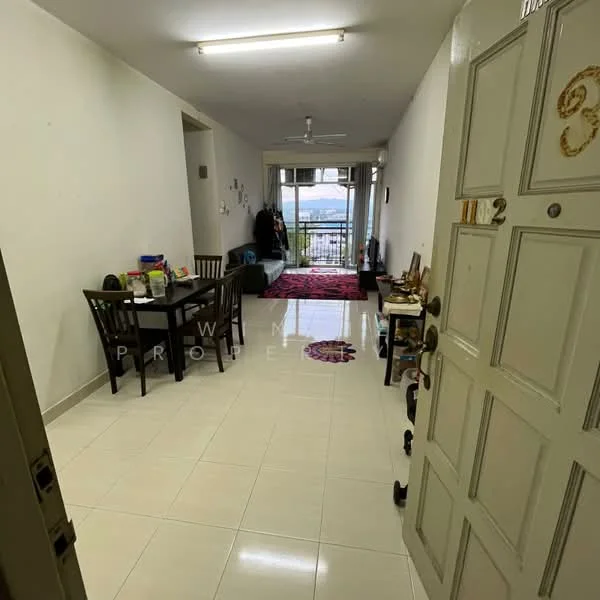 Room features: white painted walls, glossy tile flooring, ceiling lights, ceiling fan, dining table with chairs, area rug with floral pattern, sliding glass door, balcony view, decorative wall art, small side table, window with curtains; style: modern; view: city.