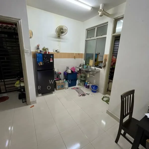 Kitchen features: white painted walls, glossy tile flooring, single-bowl stainless-steel sink, chrome pull-down faucet, black fridge, wooden dining chair, wall-mounted fan, kitchen countertop, various kitchen utensils, open shelving, window with glass panes.