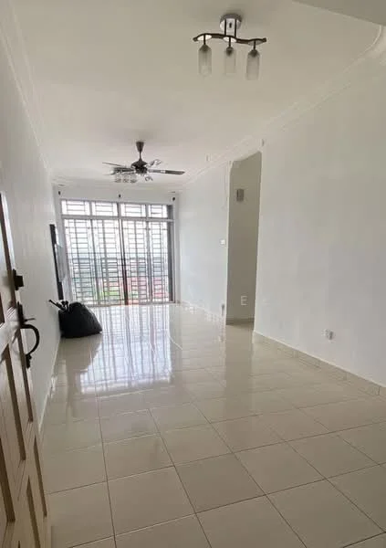 Living features: white painted walls, glossy ceramic tile flooring, tray ceiling, 5-blade ceiling fan with light, recessed downlights, floor-to-ceiling windows, sliding glass door, curtains, light-colored door, decorative wall panel, open layout, city view; style: modern; view: city.