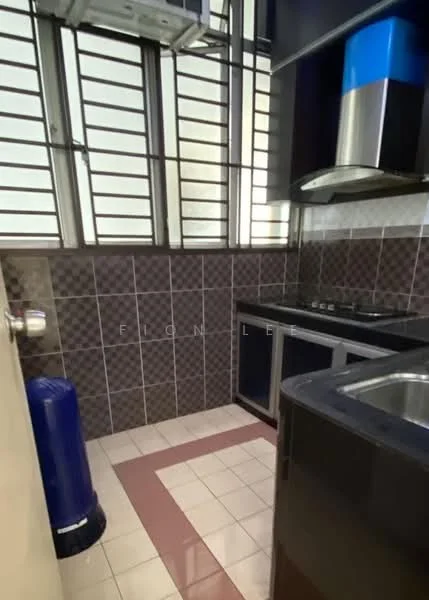 Kitchen features: black cabinetry, stainless-steel sink, chrome faucet, built-in stove, exhaust hood, grey tiled backsplash, white tiled flooring, blue accent wall, window with horizontal slats, countertop with rounded edges; style: modern.