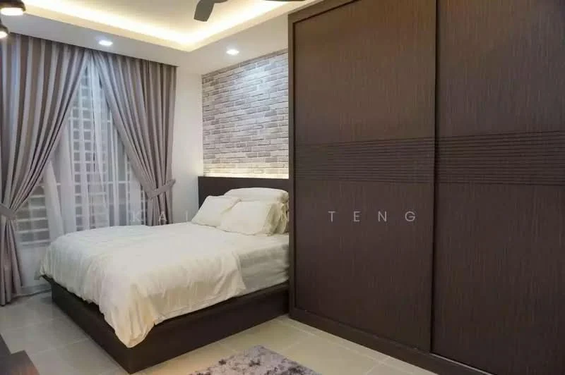 Bedroom features: queen-size bed with white bedding, wooden bed frame, built-in wardrobe with sliding doors, grey accent wall with stone cladding, white painted walls, floor-to-ceiling windows with sheer curtains, recessed downlights, ceiling fan, area rug with geometric pattern; style: modern; view: city.