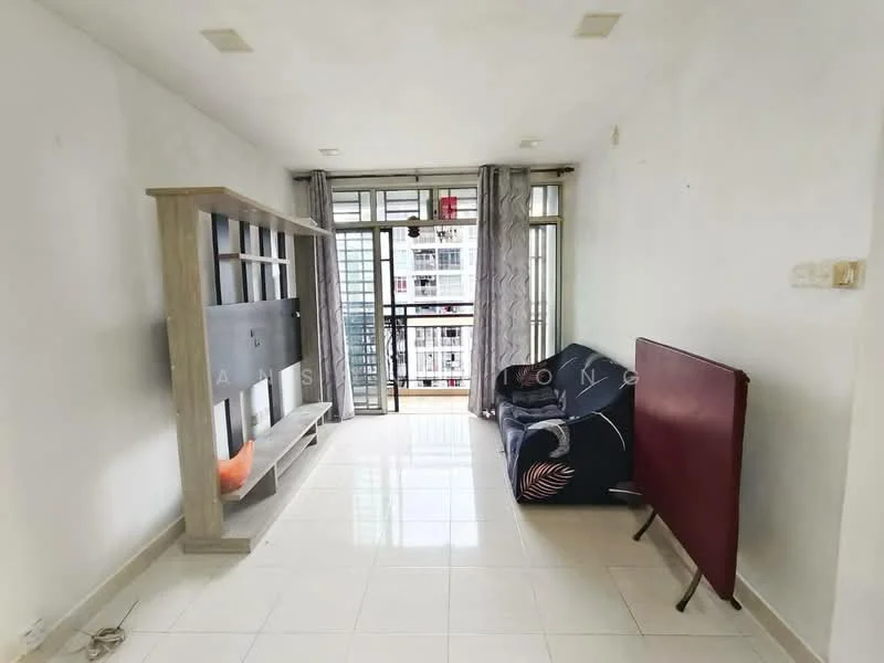 Living features: white painted walls, glossy tile flooring, floor-to-ceiling windows, curtains, built-in TV console, sofa with floral pattern, freestanding red partition, open layout, natural light from windows; style: modern; view: city.