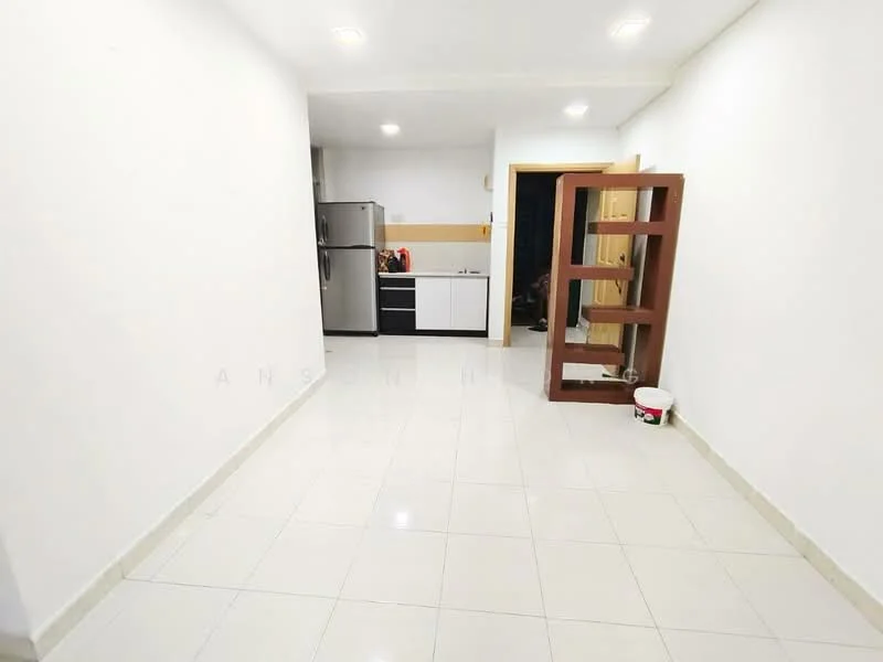 Room features: white painted walls, glossy ceramic tile flooring, recessed downlights, kitchen cabinetry in white, stainless-steel fridge, built-in kitchen counter, open layout, doorway leading to another room; style: modern.