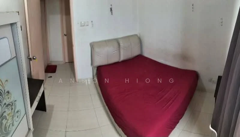 Bedroom features: queen-size bed with red bedspread, cream painted walls, tile flooring, built-in wardrobe, curtains, door leading to hallway, light fixture on ceiling.