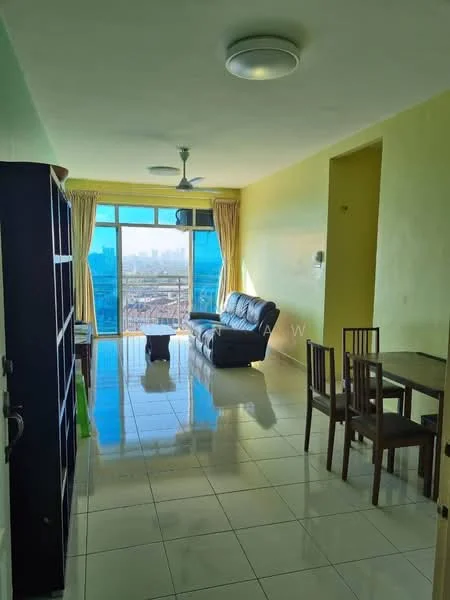 Living features: black leather sofa, 4-seater dining table, floor-to-ceiling windows, curtains, ceiling fan, white ceiling, light-colored walls, glossy tile flooring; style: modern; view: city.