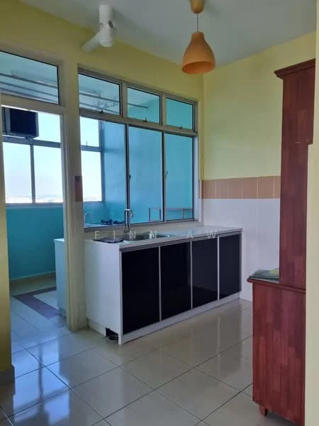 Kitchen features: white cabinetry with black glass doors, single-bowl stainless-steel sink, chrome pull-down faucet, white tiled backsplash, ceramic tile flooring, window with city view, ceiling fan, pendant light fixture, countertop space, built-in kitchen area; style: modern; view: city.