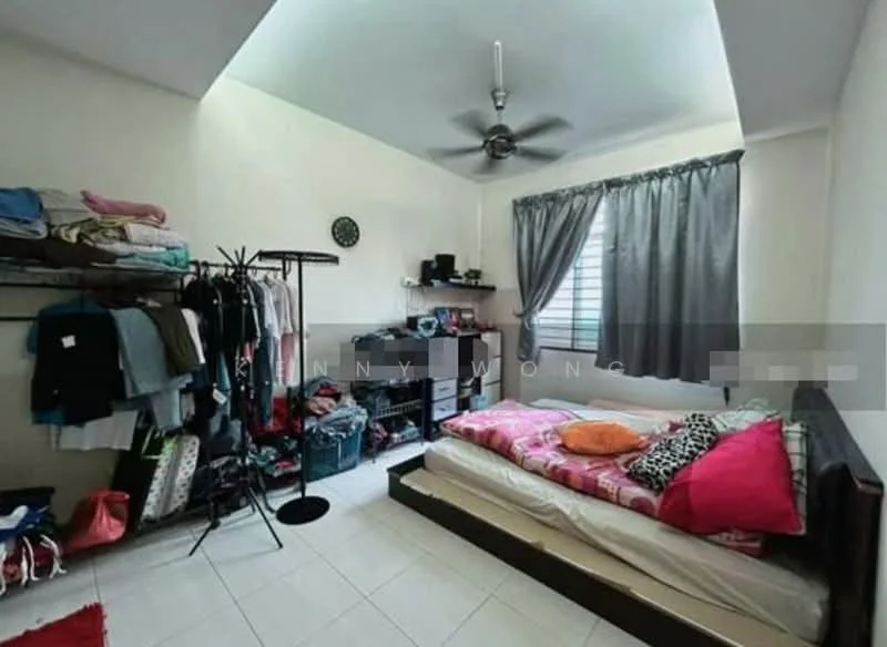 Bedroom features: queen-size bed with pink and white bedding, 3-blade ceiling fan, white painted walls, tile flooring, curtains in grey, window with grid pattern, clothes rack with hanging clothes, open shelving unit with various items, folding clothes drying rack, decorative wall clock.