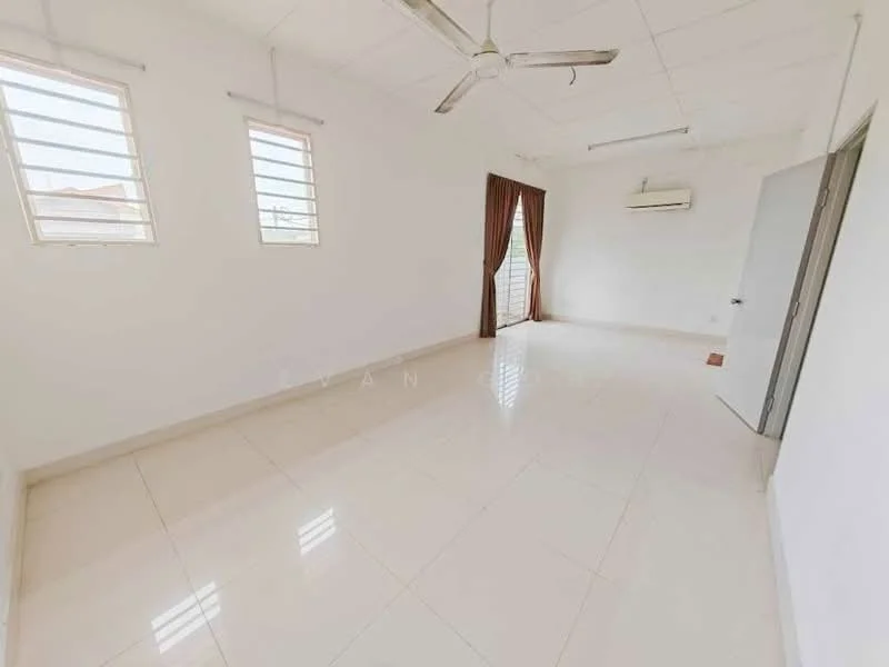 Room features: white painted walls, glossy ceramic tile flooring, ceiling fan, wall-mounted split AC, floor-to-ceiling windows, sliding glass door, brown curtain, door with handle; style: minimalist.