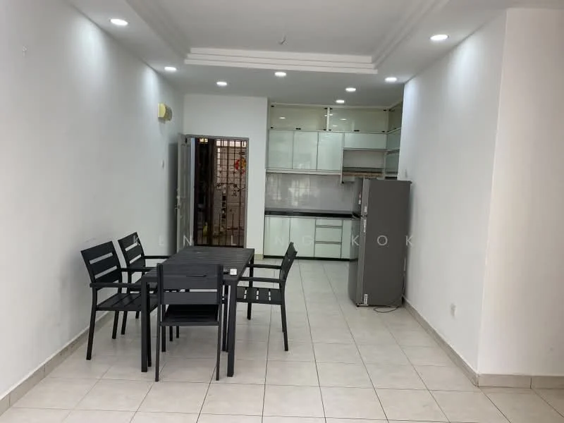 Dining features: dining table with four black chairs, white painted walls, tile flooring, recessed downlights, open layout to kitchen, grey refrigerator, kitchen cabinetry visible, countertop visible; style: modern. Kitchen features: white cabinetry, stainless-steel appliances, countertop, open layout to dining area; style: modern.