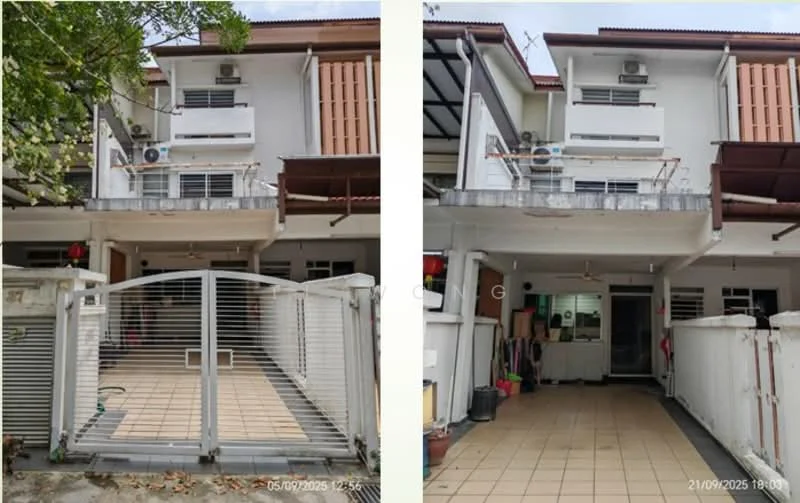 Exterior type: linked terrace house; features: two-storey structure, white painted facade, sliding glass door, covered car porch, paved driveway, multiple wall-mounted split AC units, balcony with wooden slats, outdoor lighting, fenced perimeter, manicured landscaping; style: modern.