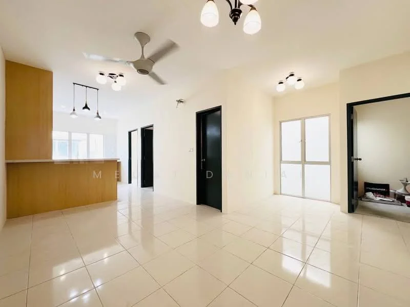 Living features: white painted walls, glossy ceramic tile flooring, 5-blade ceiling fan with light, recessed downlights, pendant lights over kitchen counter, open layout, large windows for natural light, door leading to outdoor area; style: modern. Kitchen features: wooden cabinetry, kitchen counter, open to living area; style: modern. Room features: door leading to another room.