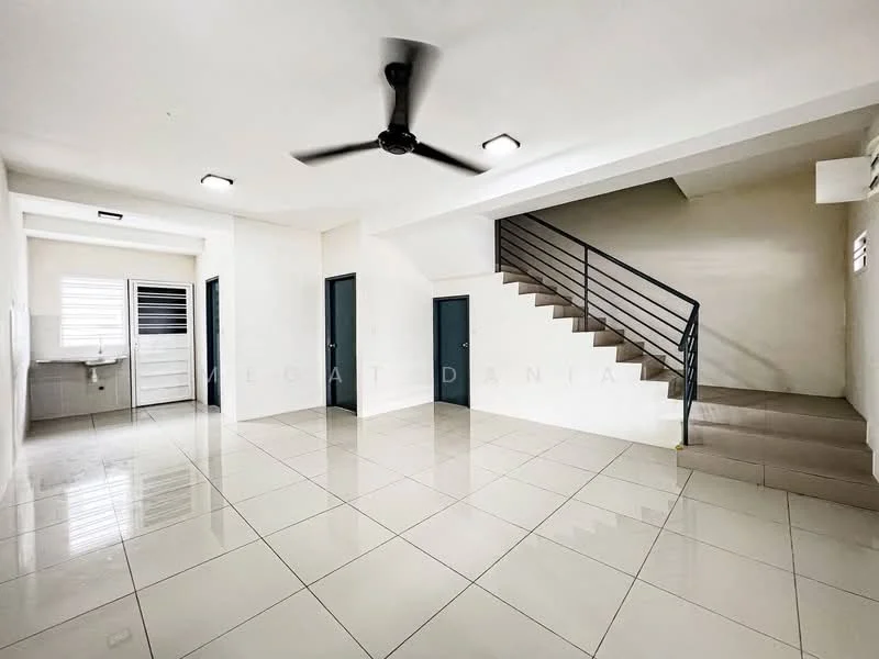 Living features: glossy white tile flooring, white painted walls, 5-blade ceiling fan, recessed ceiling lights, staircase with metal railing, window with horizontal blinds, air conditioning unit, door leading to kitchen area; style: modern. Kitchen features: kitchen counter with sink, white cabinetry, tile backsplash, window for natural light; style: modern.