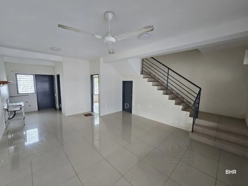 Living features: white painted walls, glossy ceramic tile flooring, ceiling fan, staircase with metal railing, large windows for natural light, open layout, neutral color scheme, no visible furniture; style: modern.