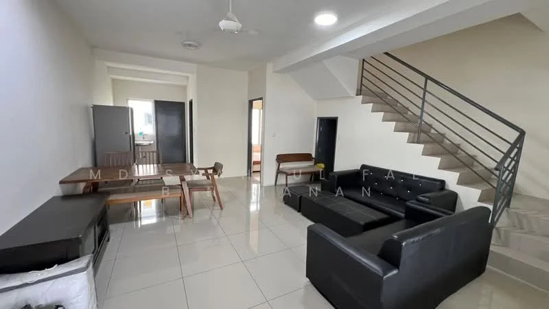 Living features: black leather sofa, 3-seater sofa, coffee table, dining table with chairs, white tiled flooring, ceiling fan, staircase with metal railing, wall-mounted TV, large windows, neutral painted walls; style: modern. Room features: open layout, natural light from windows.