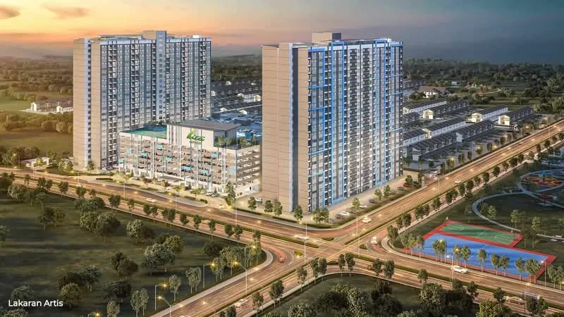 Exterior type: high-rise condominium; features: glass curtain wall, projecting balconies, landscape garden, manicured lawn, multi-storey car park, children's playground, tennis court, surrounded by greenery, street view, modern architectural design; style: modern.