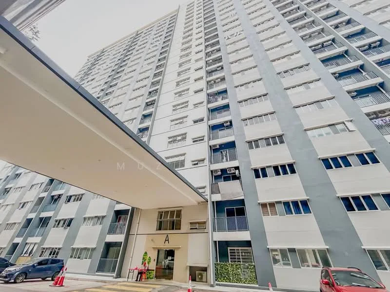 Exterior type: high-rise condominium; features: glass curtain wall, white painted facade, grey accent panels, multiple balconies, main entrance with canopy, parking area, surrounded by greenery; style: modern.