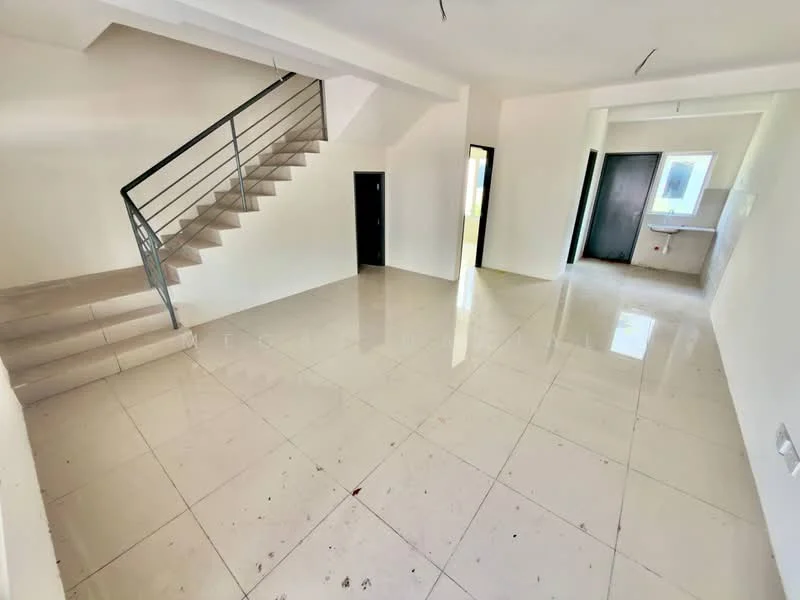 Room features: white painted walls, glossy tile flooring, staircase with metal railing, large windows, door leading to another room, door leading outside, open layout, natural light; style: modern.