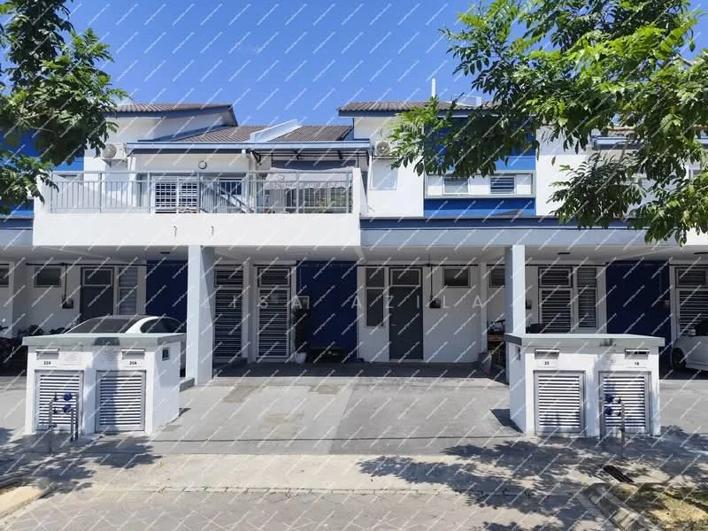 Exterior type: linked terrace house; features: two-storey building, blue and white painted facade, covered car porch, two air conditioning units visible, manicured landscaping, paved walkway, balcony on upper floor, window grills on ground floor, modern architectural design; style: modern.