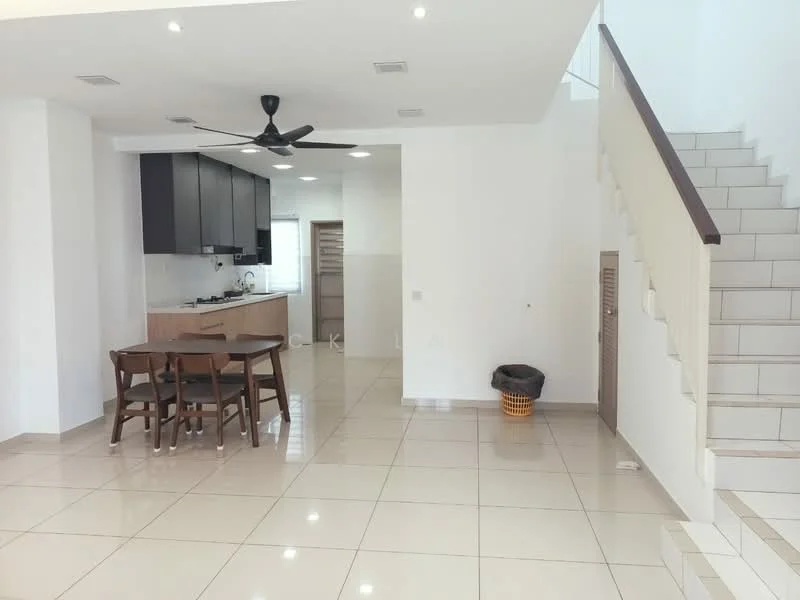Living features: white painted walls, glossy ceramic tile flooring, 5-blade ceiling fan with light, dining table with 4 chairs, staircase with wooden railing, large windows for natural light, open layout, neutral color palette; style: modern. Kitchen features: black cabinetry, white countertop, stainless-steel sink, built-in oven, cooktop, hood, tile backsplash, refrigerator; style: modern.