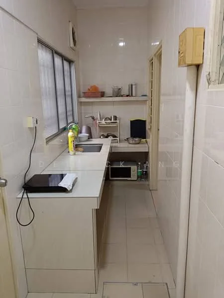 Kitchen features: white tiled walls, light-colored cabinetry, single-bowl stainless-steel sink, chrome pull-down faucet, countertop with storage underneath, microwave, kitchen shelving, window for natural light, tile flooring, recessed lighting; style: modern.