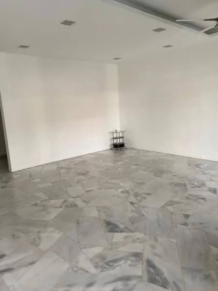 Room features: white painted walls, marble tile flooring, recessed downlights, ceiling fan.